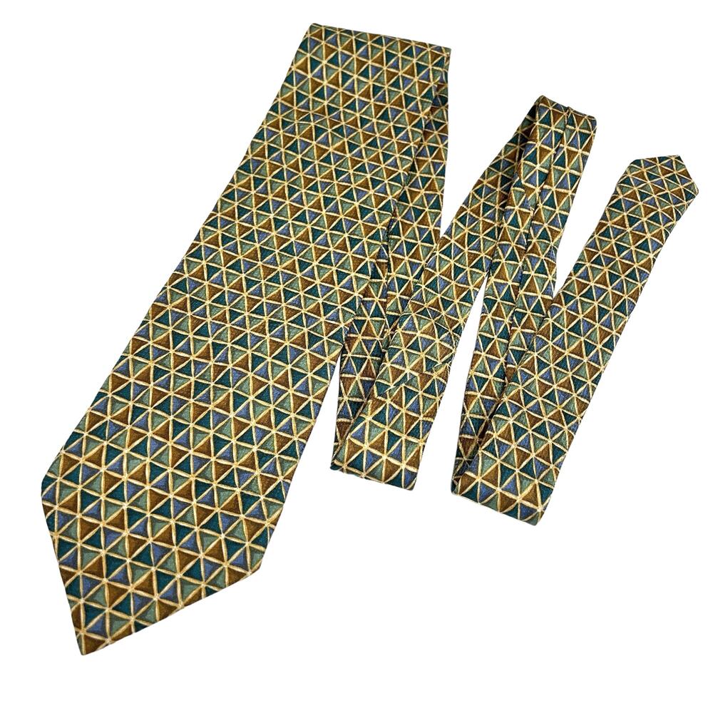 Vintage Valentino Cravatte Necktie Men's Gold Blue Geometric Silk Italy 1990s